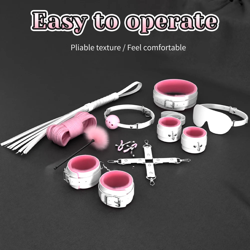 Sex Toys For Woman Couples Handcuffs Set BDSM Bondage Gear Bed Restraints Rope Strap Adult Game Wrists Neck Cuffs & Eye Mask